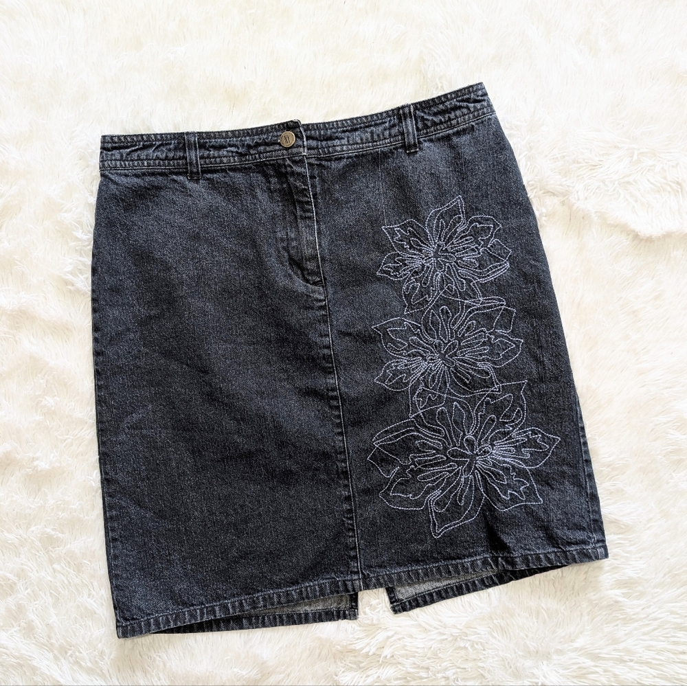 Y2K Vintage NY Jeans Floral Embroidered Dark Wash Denim Pencil Skirt 10